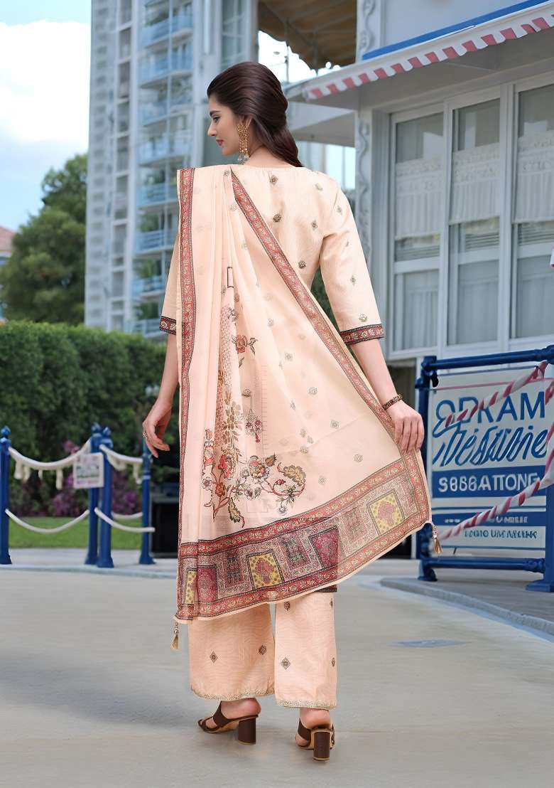 Peach Embroidered Linen Straight Kurta Set - Indya