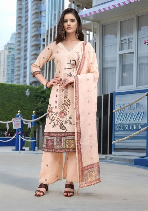 Peach Abstract Print Linen Kurta Set