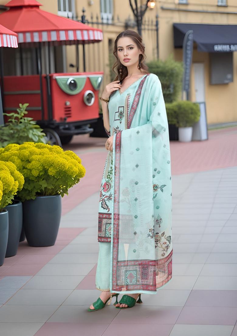 Sea Green Abstract Print Linen Kurta Set - Indya