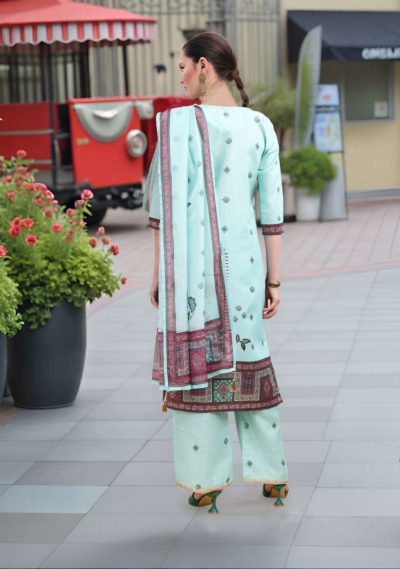 Sea Green Printed Linen Straight Kurta Set - Indya