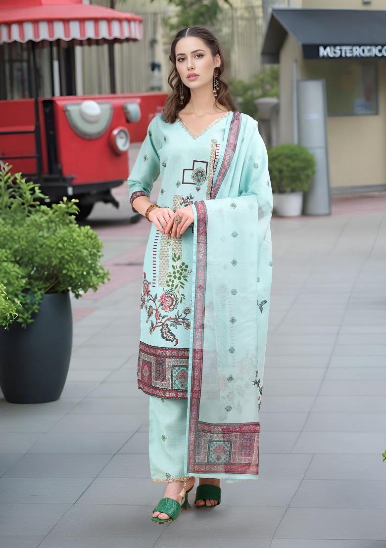 Sea Green Abstract Print Linen Kurta Set - Indya