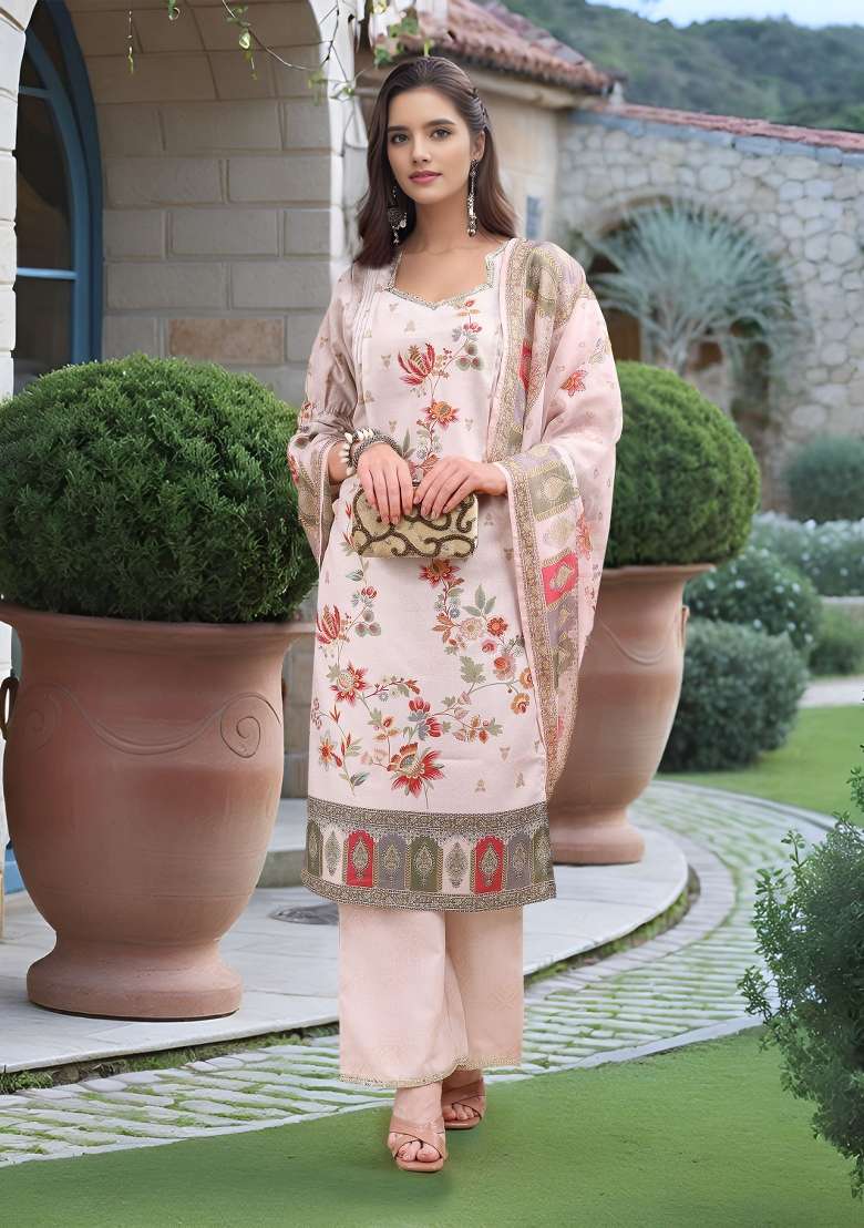 Off White Embroidered Linen Pakistani Suit Set - Indya