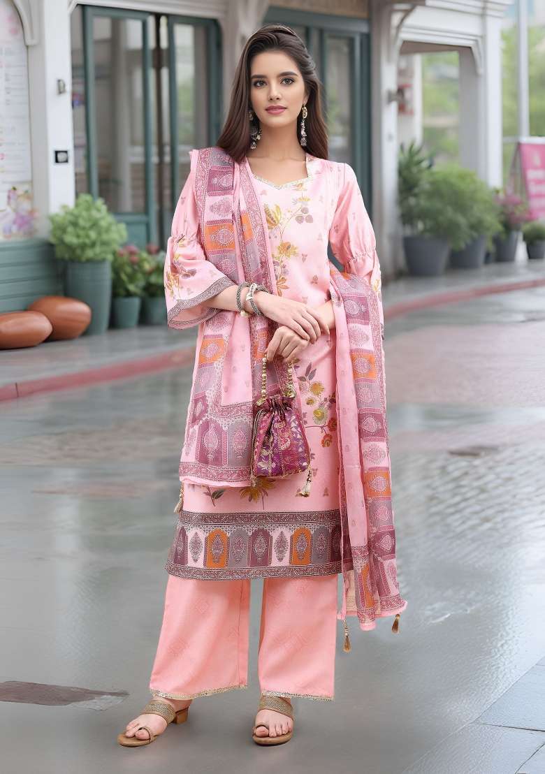 Pink Printed Linen Straight Kurta Set - Indya