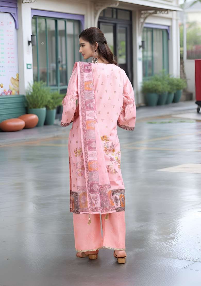Pink Printed Linen Straight Kurta Set - Indya