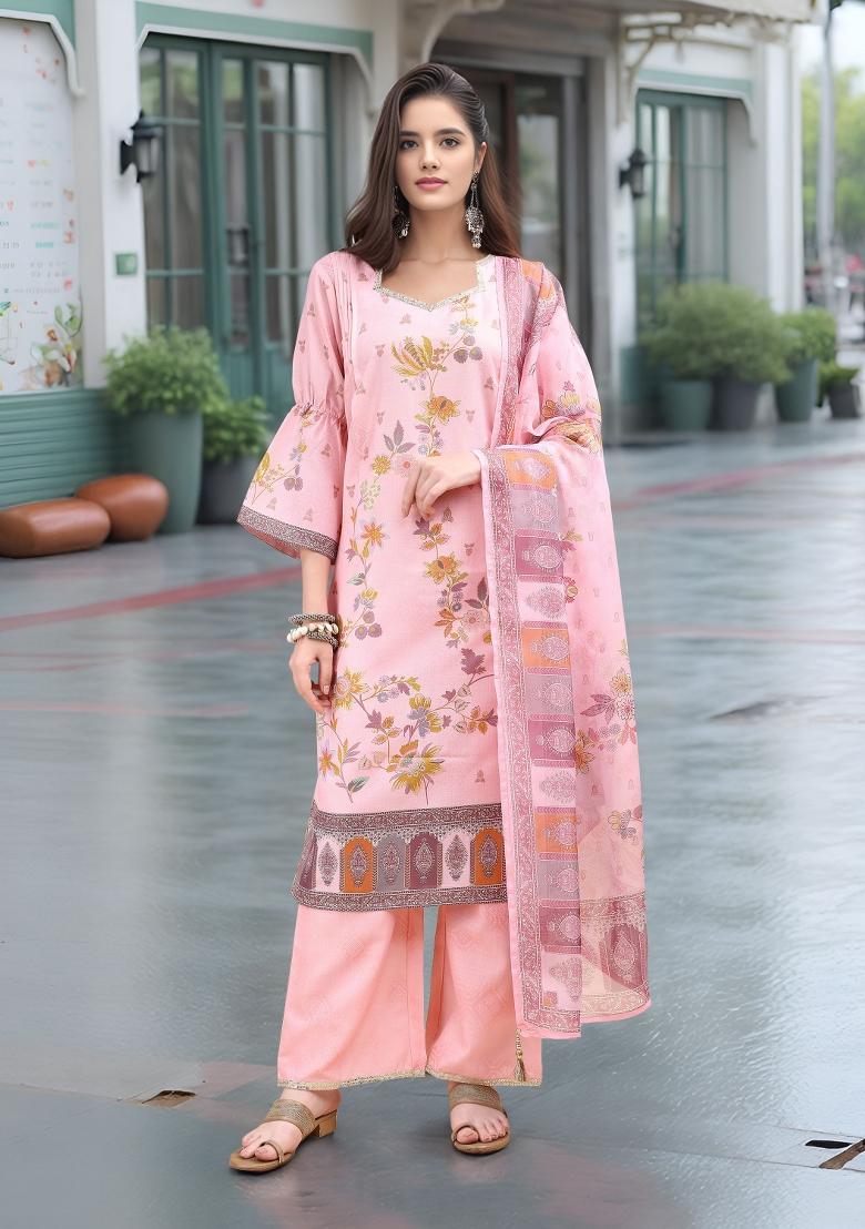 Pink Abstract Print Linen Kurta Set - Indya