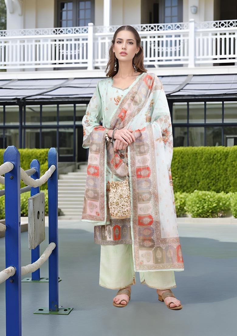 Green Abstract Print Linen Kurta Set - Indya