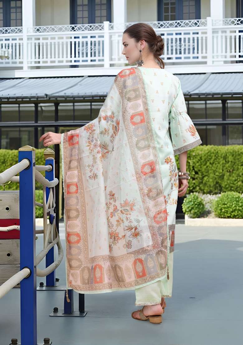 Green Floral Print Linen Straight Kurta Set - Indya