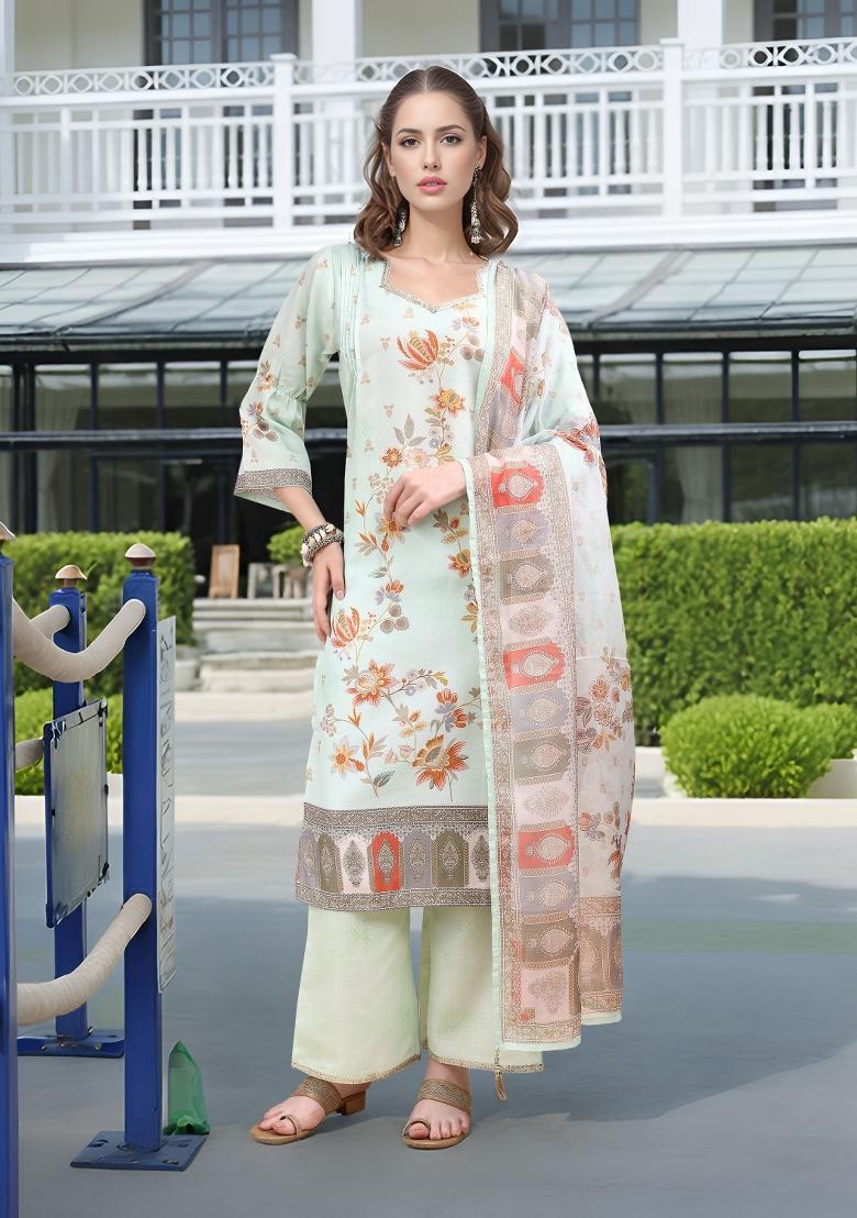 Green Abstract Print Linen Kurta Set - Indya