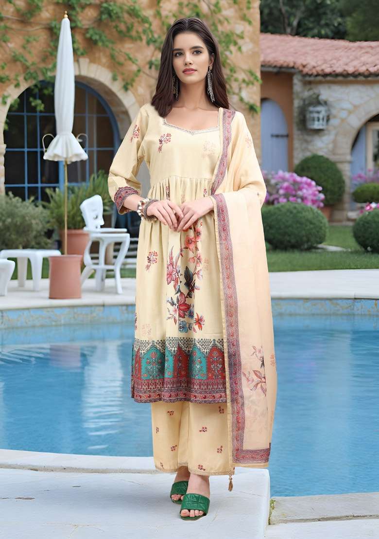 Beige Printed Linen A Line Kurta Set - Indya