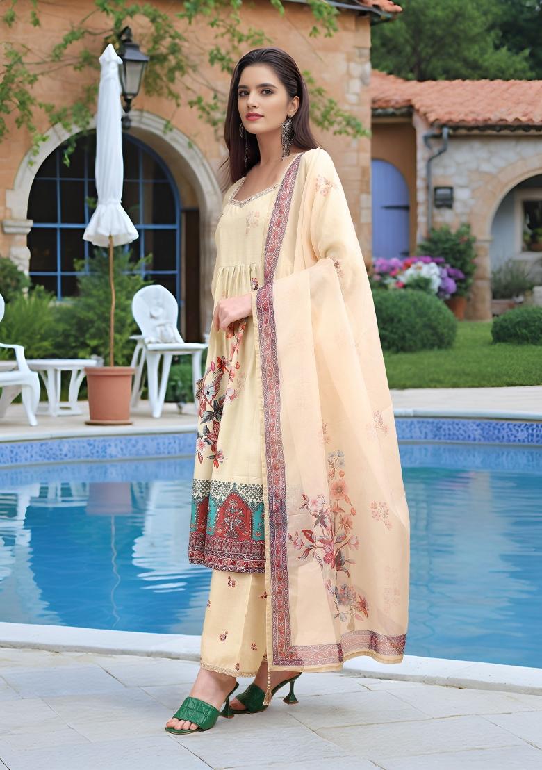 Beige Abstract Print Linen Kurta Set - Indya