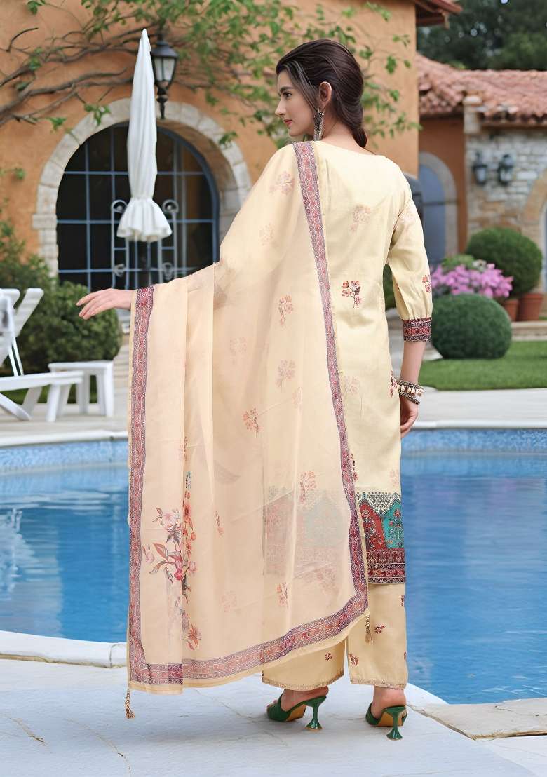 Beige Printed Linen A Line Kurta Set - Indya