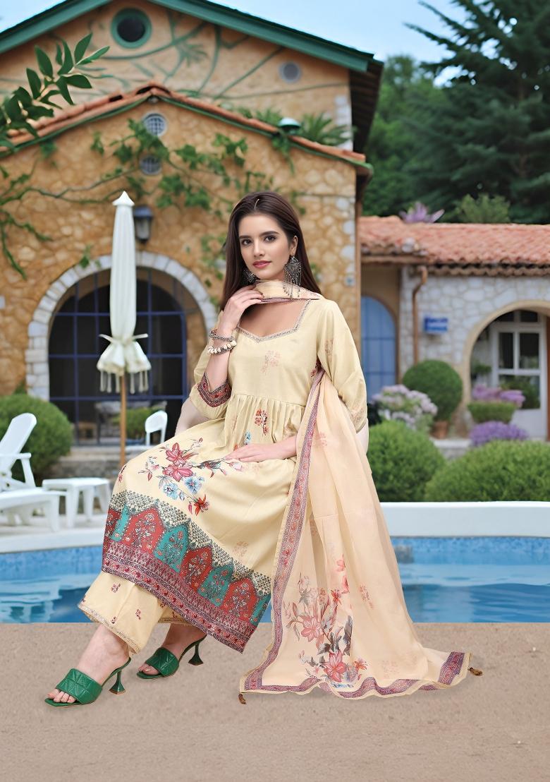 Beige Abstract Print Linen Kurta Set - Indya