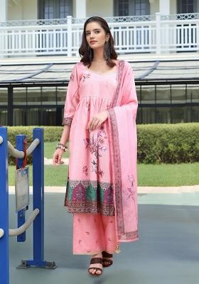 Pink Abstract Print Linen Kurta Set