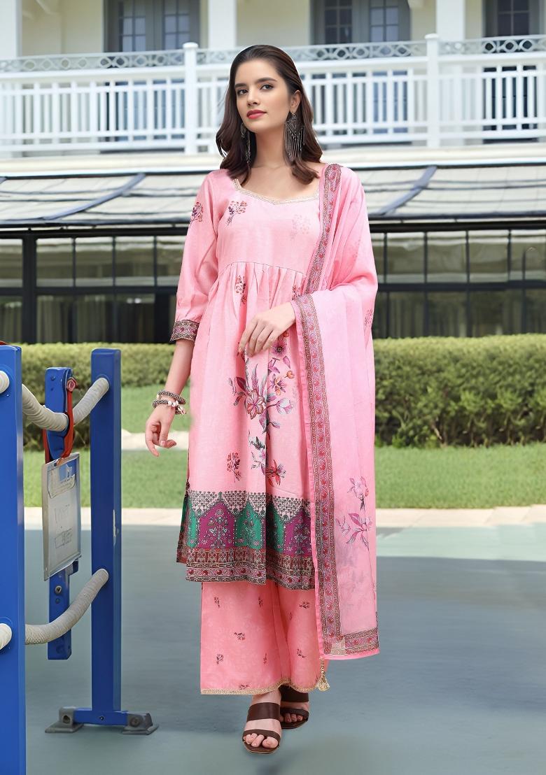 Pink Abstract Print Linen Kurta Set - Indya