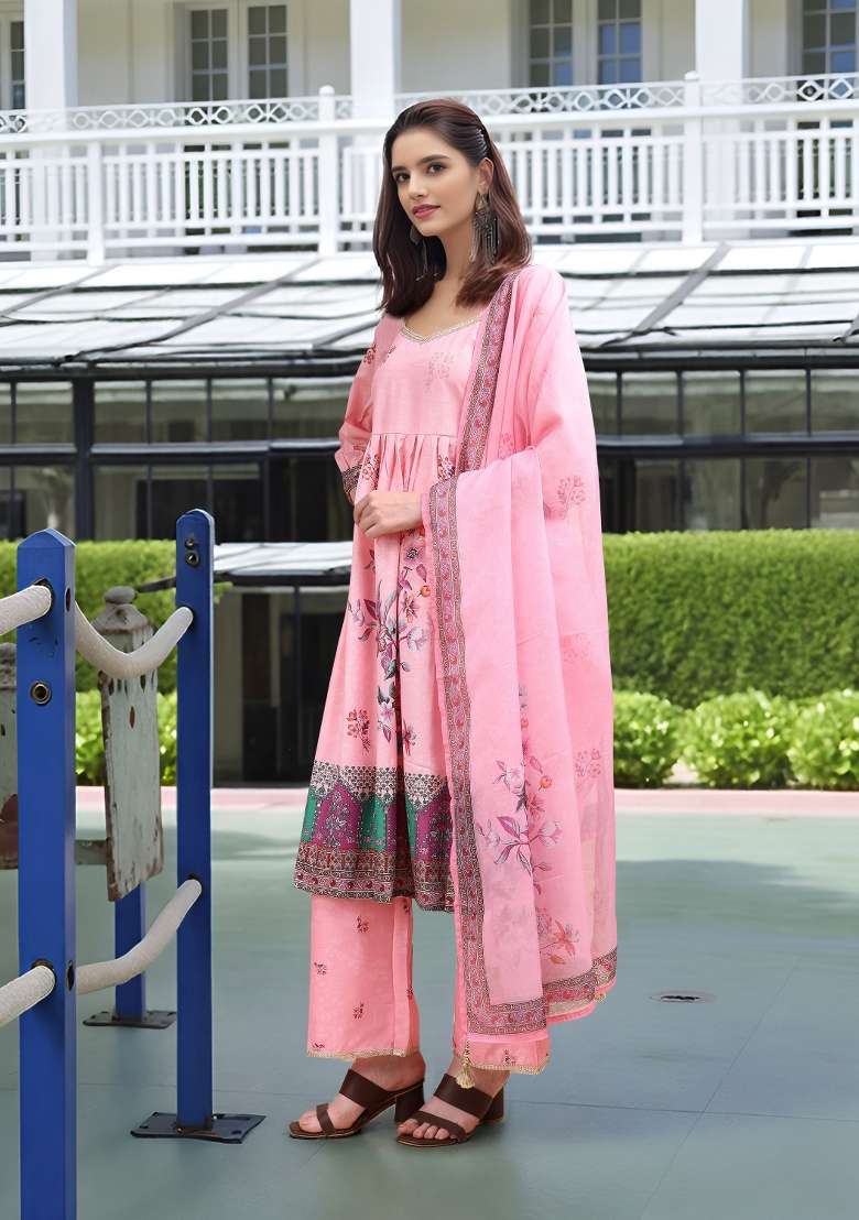 Pink Printed Linen A Line Kurta Set - Indya