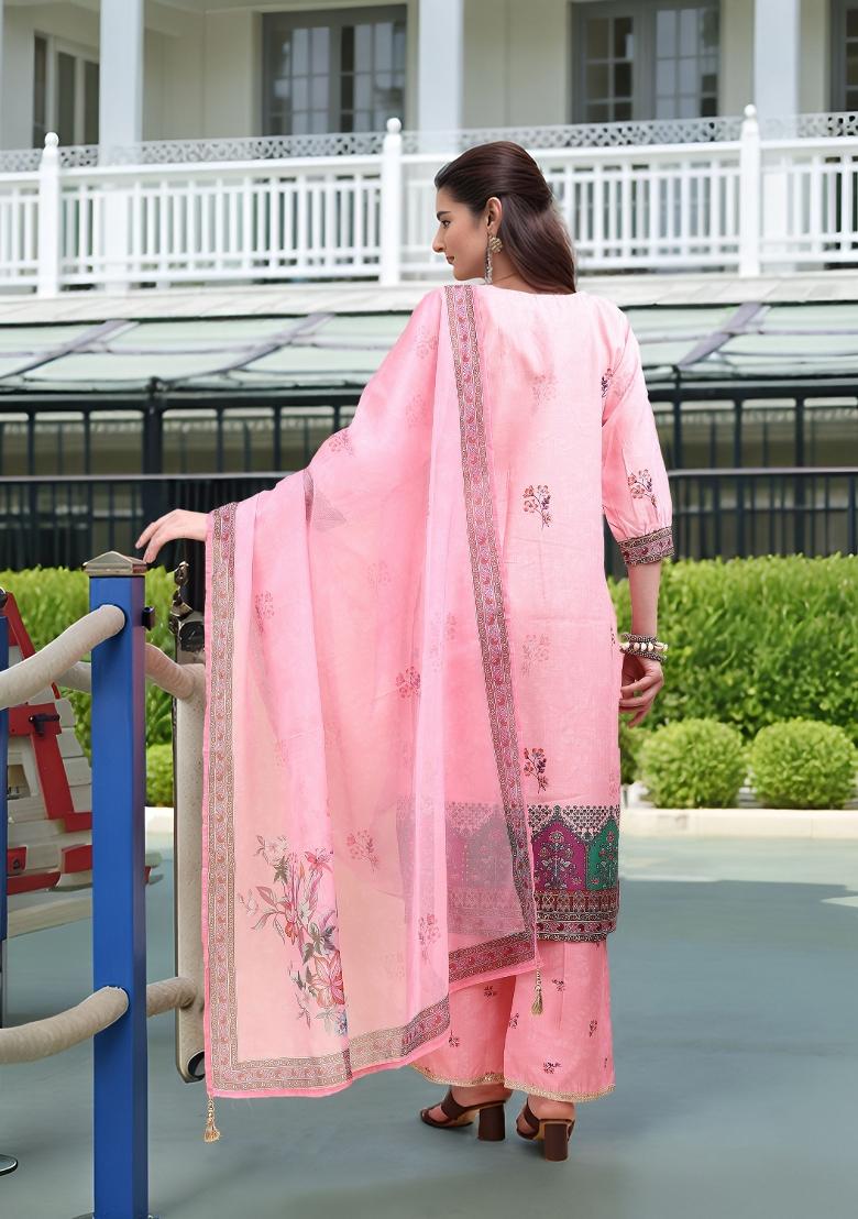 Pink Abstract Print Linen Kurta Set - Indya