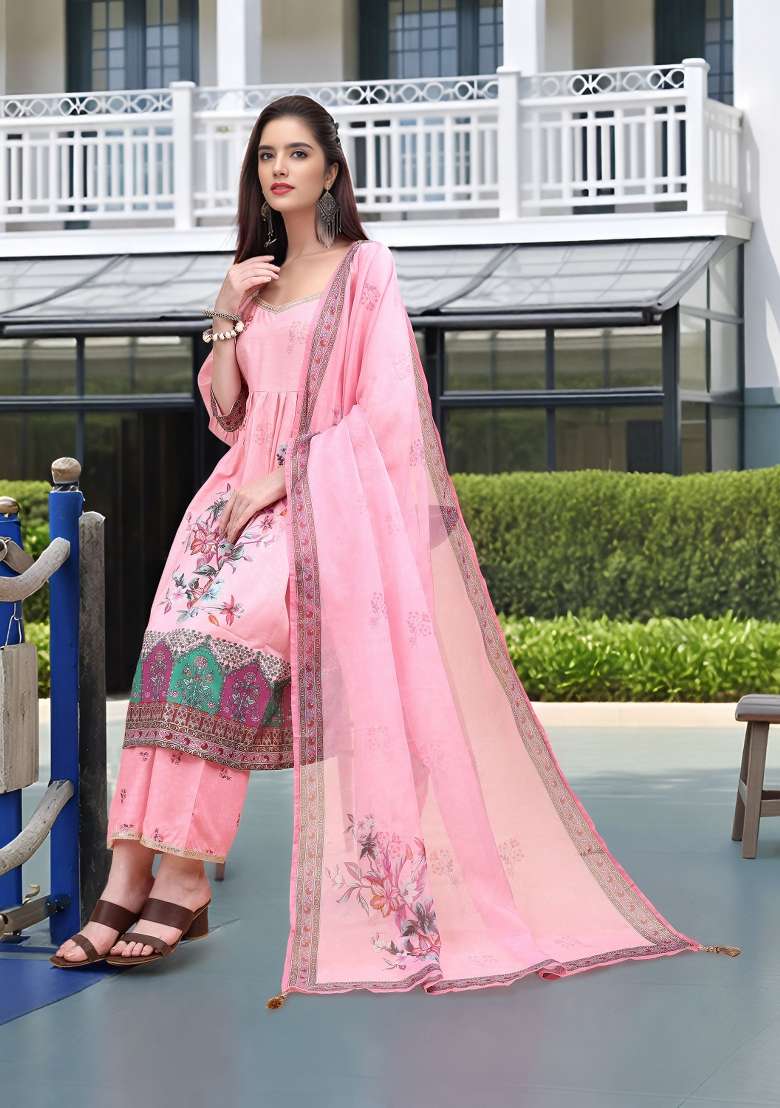Pink Printed Linen A Line Kurta Set - Indya