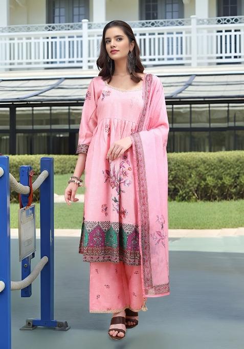 Pink Abstract Print Linen Kurta Set