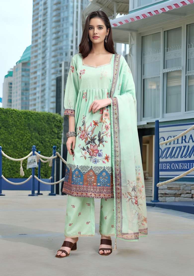 Sea Green Floral Print Linen Straight Kurta Set - Indya