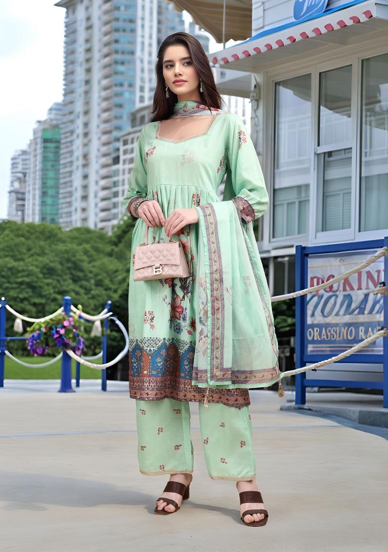 Sea Green Abstract Print Linen Kurta Set - Indya