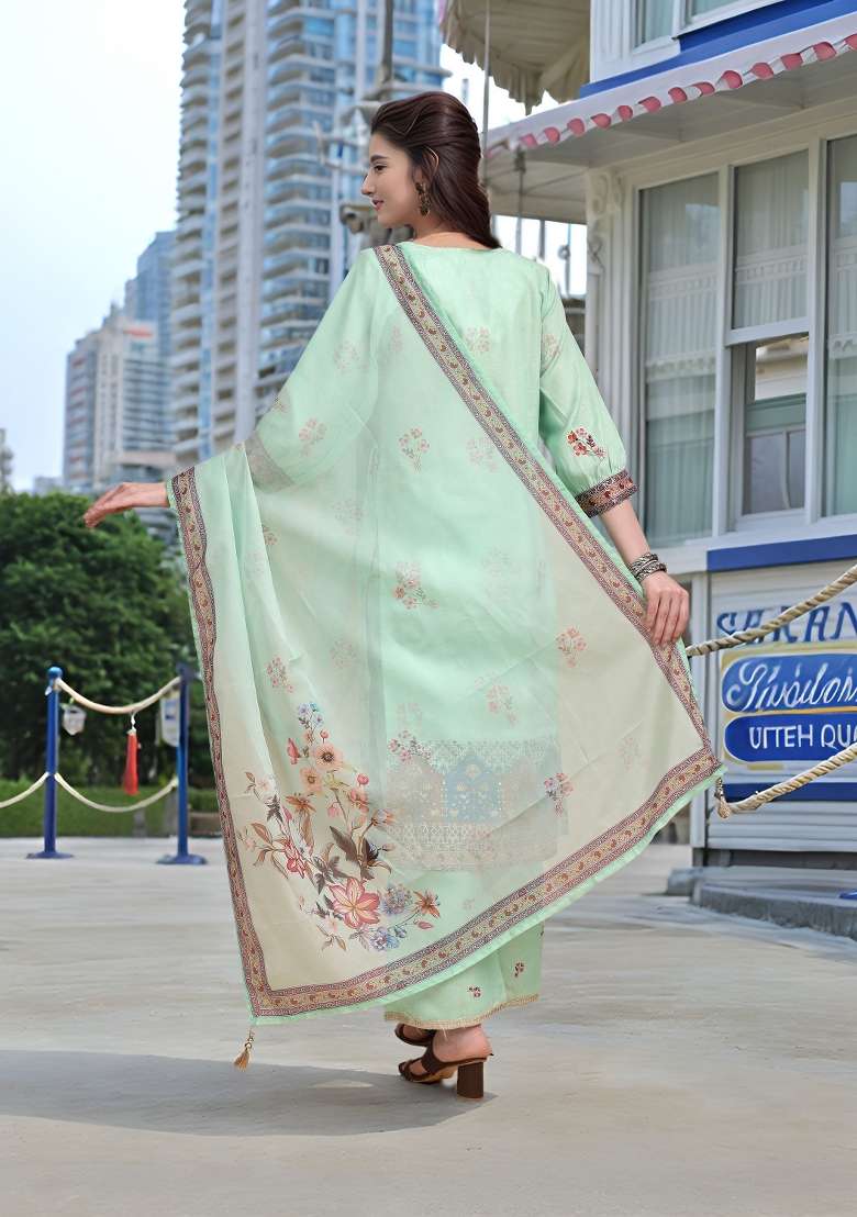 Sea Green Floral Print Linen Straight Kurta Set - Indya