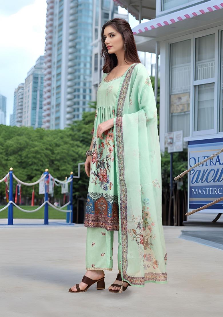 Sea Green Abstract Print Linen Kurta Set - Indya