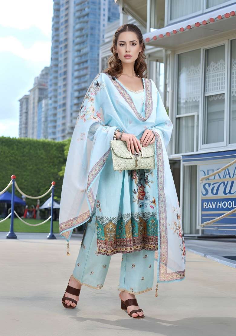 Sky Blue Printed Linen Pakistani Suit Set - Indya