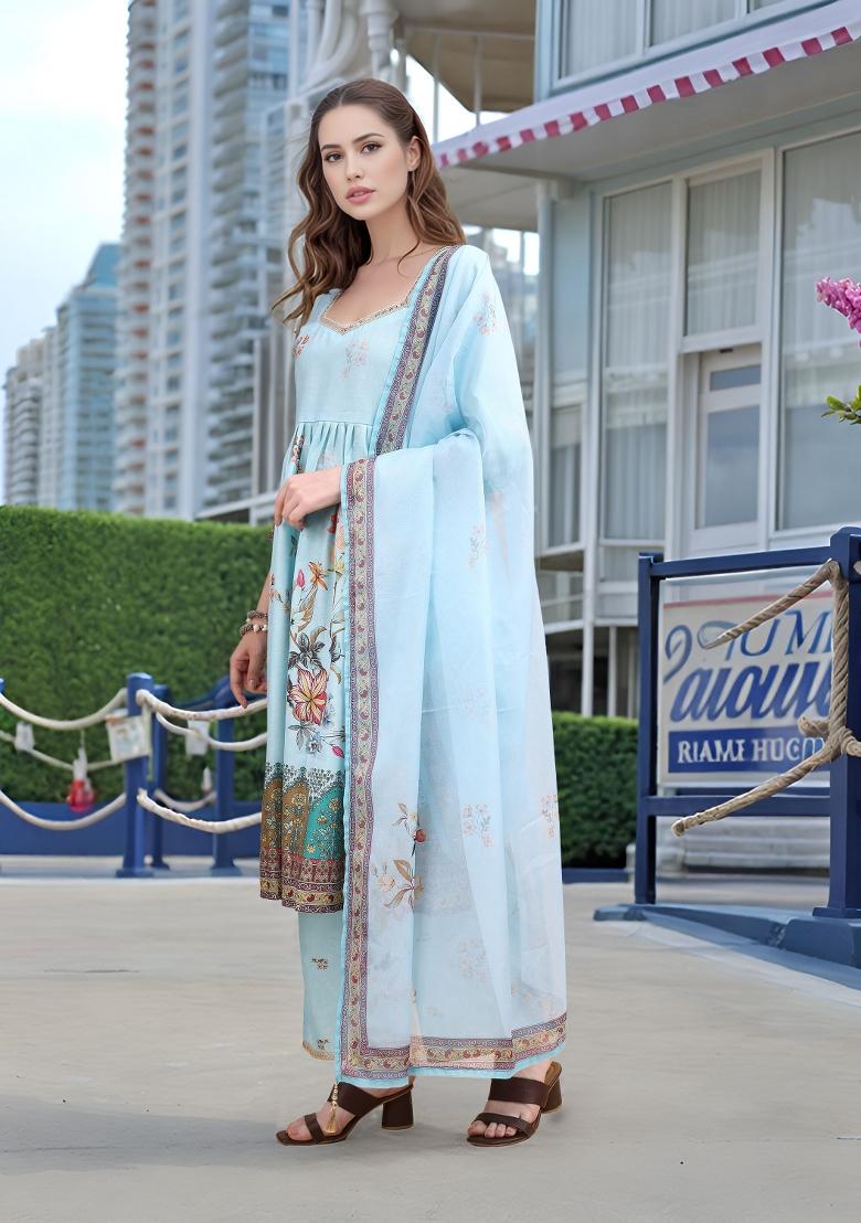 Sky Blue Abstract Print Linen Kurta Set - Indya