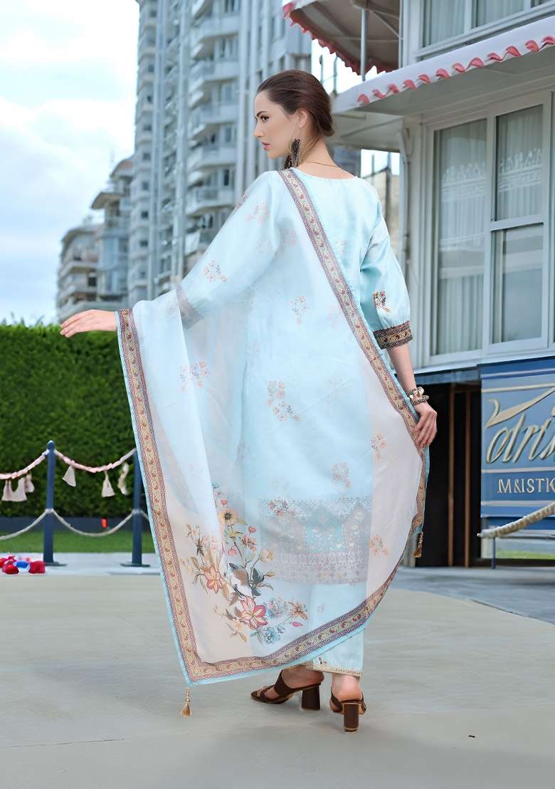 Sky Blue Printed Linen Pakistani Suit Set - Indya