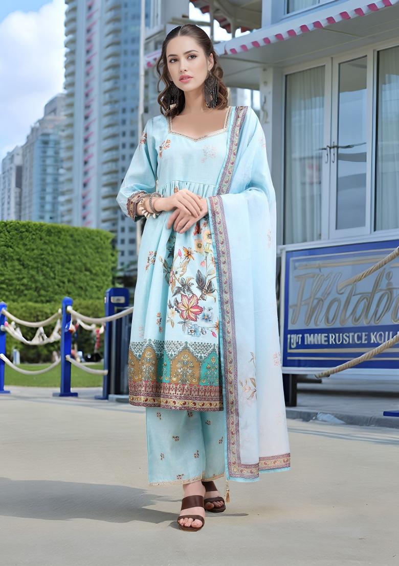 Sky Blue Abstract Print Linen Kurta Set - Indya
