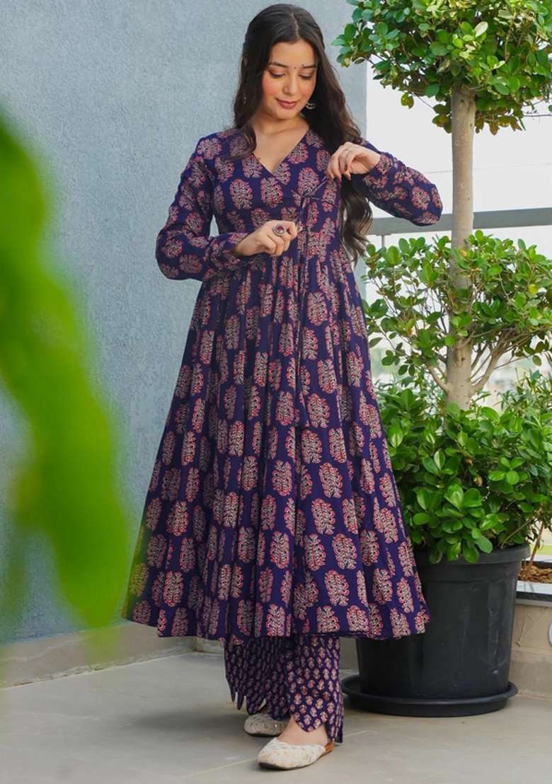 Purple Printed Rayon A Line Kurta Set - Indya