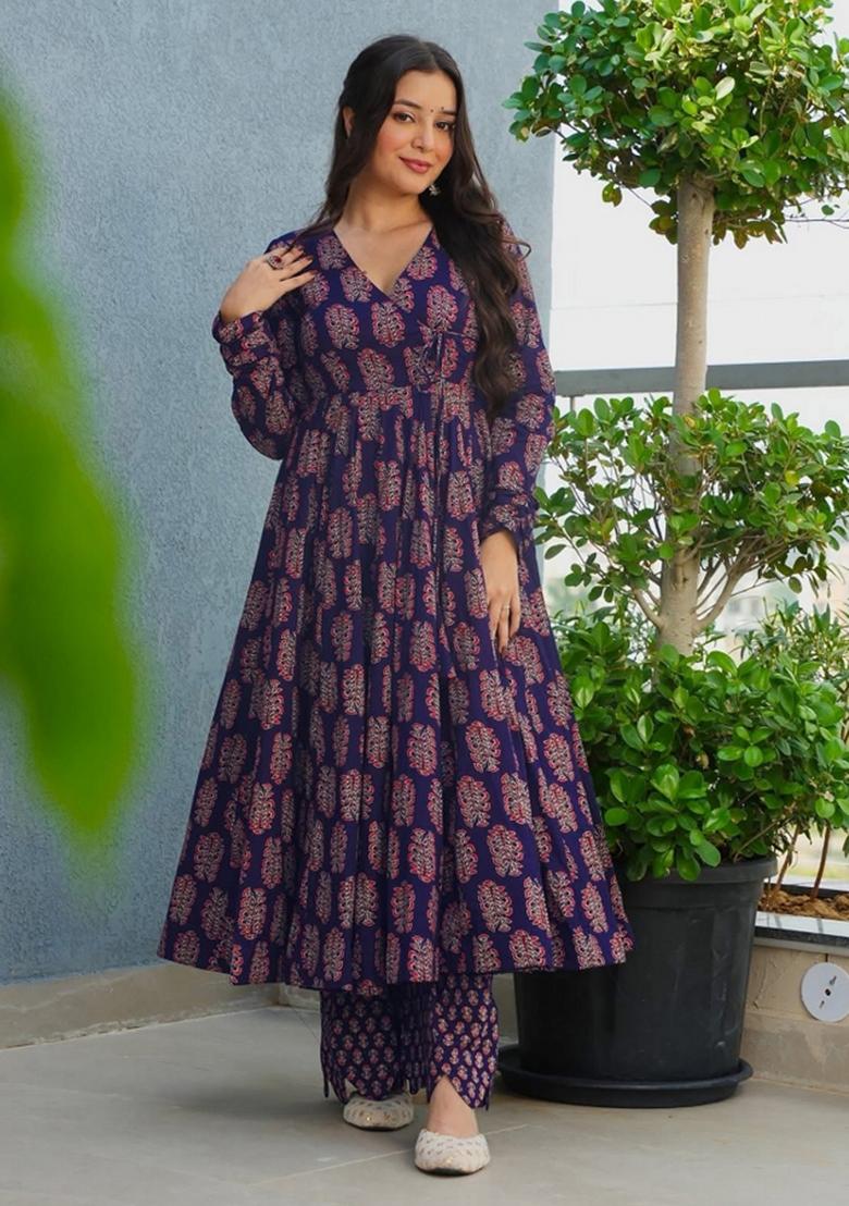 Purple Abstract Print Rayon Kurta Set - Indya