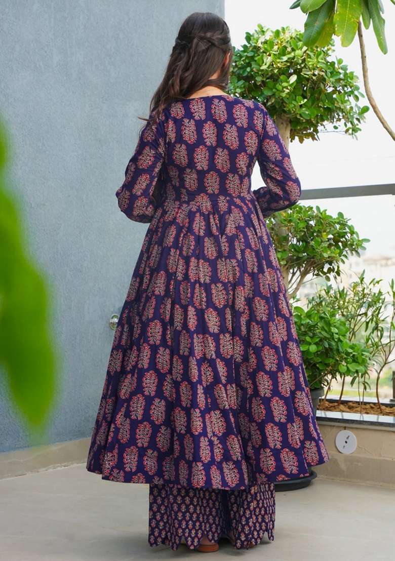 Purple Printed Rayon A Line Kurta Set - Indya