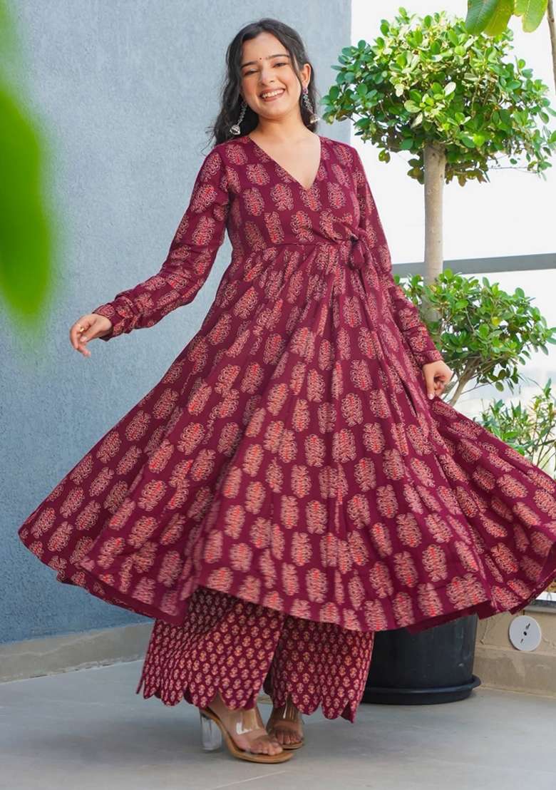Maroon Printed Rayon Anarkali Set - Indya