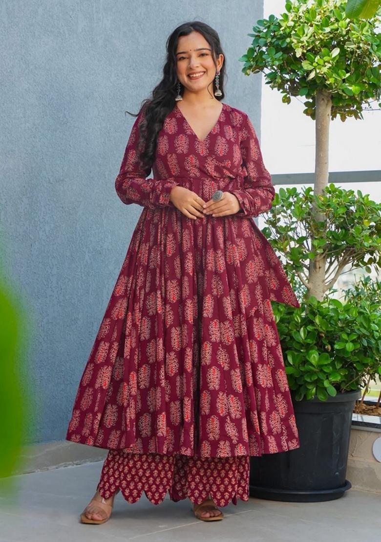 Maroon Abstract Print Rayon Kurta Set - Indya