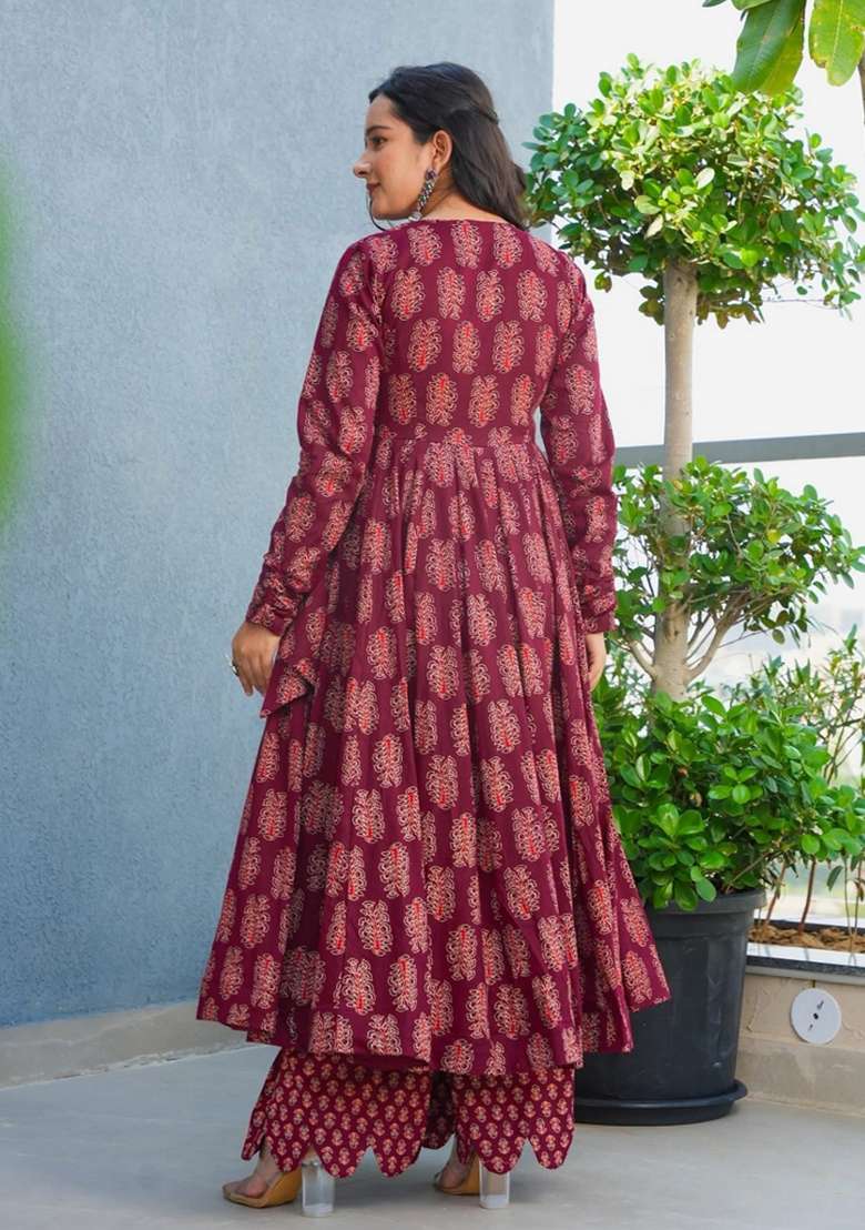 Maroon Printed Rayon Anarkali Set - Indya