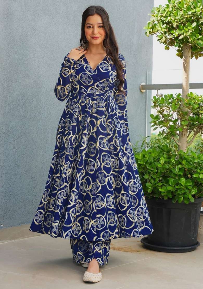 Blue Printed Rayon Anarkali Set - Indya