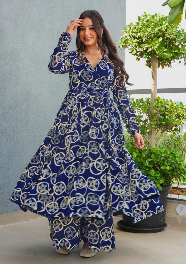 Blue Abstract Print Rayon Kurta Set - Indya