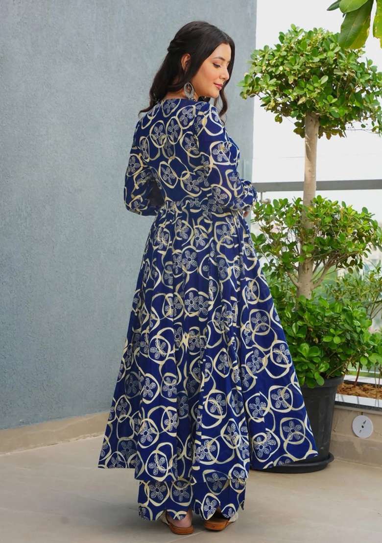 Blue Printed Rayon Anarkali Set - Indya