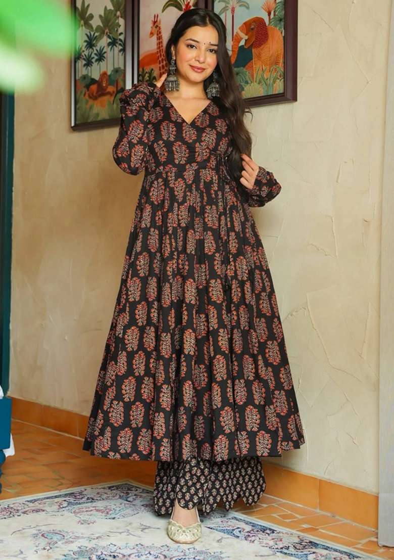 Black Printed Rayon Anarkali Set - Indya