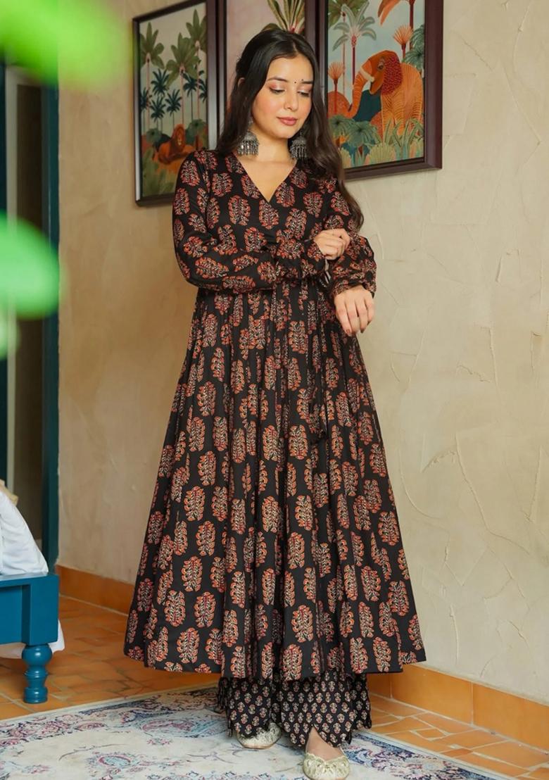 Black Abstract Print Rayon Kurta Set - Indya