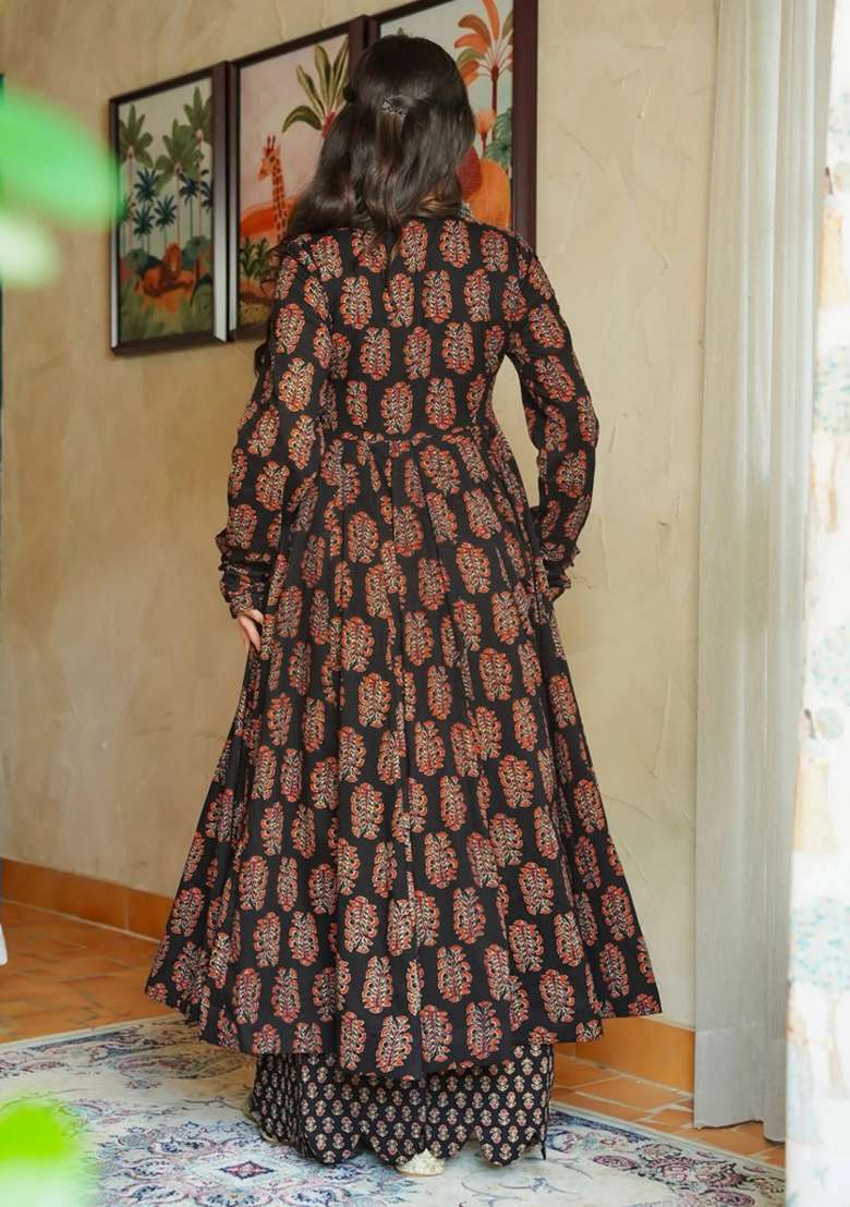 Black Printed Rayon Anarkali Set - Indya