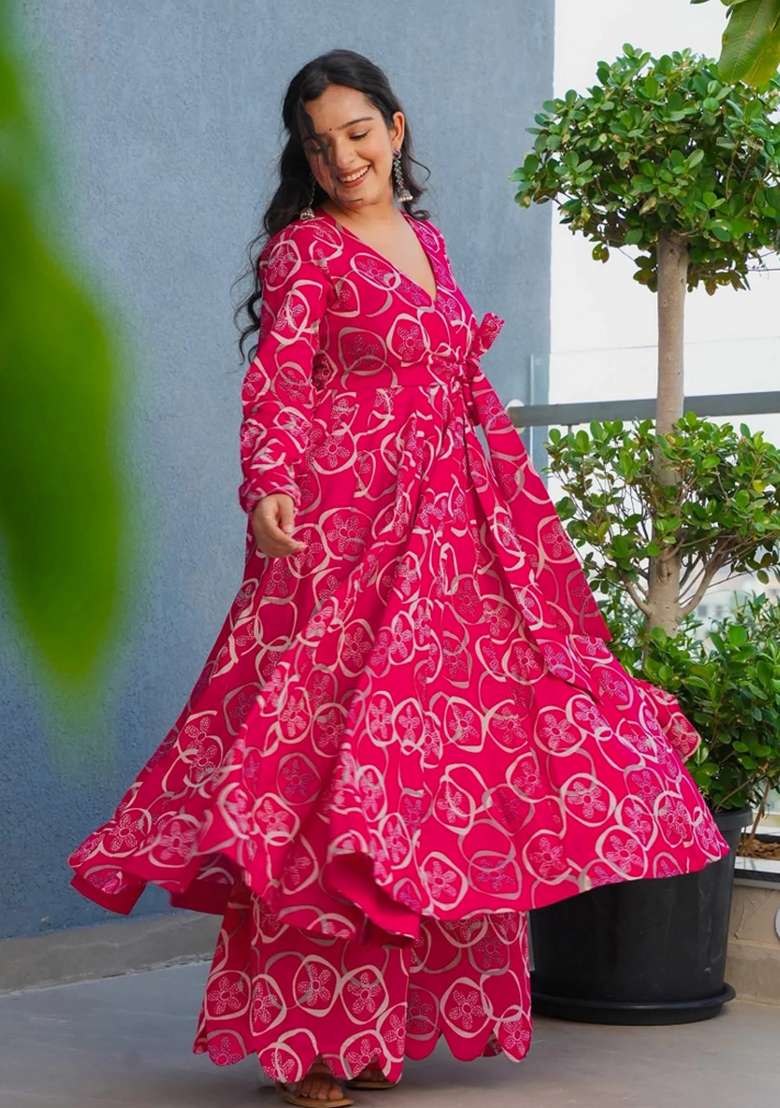 Pink Printed Rayon Anarkali Set - Indya