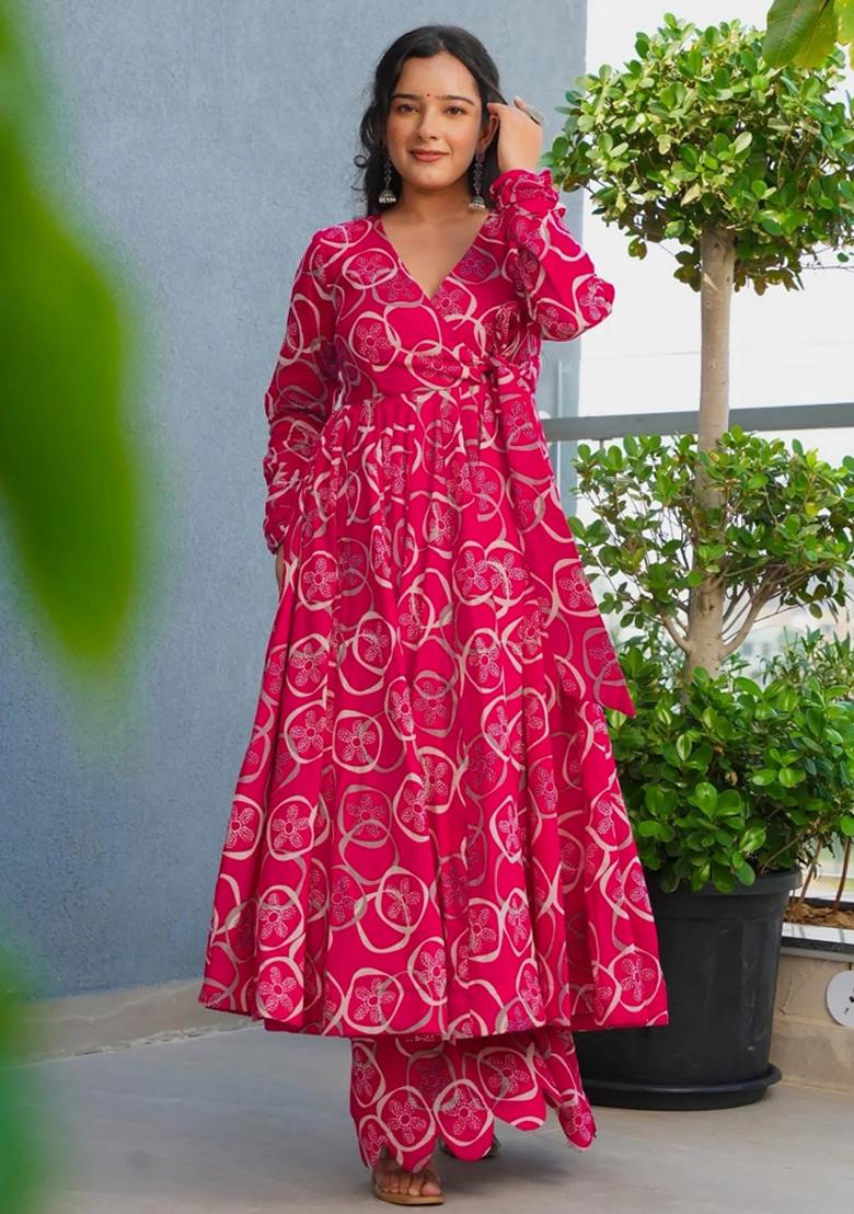 Pink Abstract Print Rayon Kurta Set - Indya
