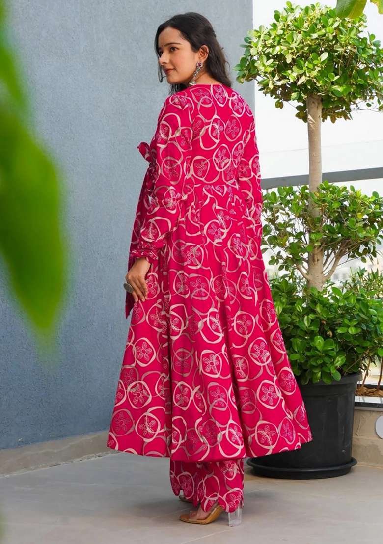 Pink Printed Rayon Anarkali Set - Indya