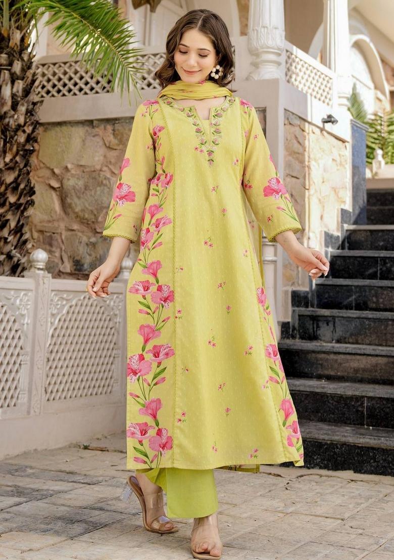 Lemon Abstract Print Chanderi Kurta Set - Indya
