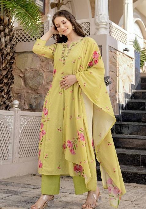Lemon Abstract Print Chanderi Kurta Set