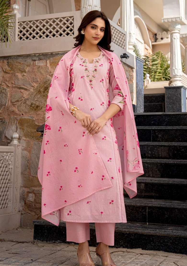Pink Embroidered Chanderi Straight Kurta Set - Indya