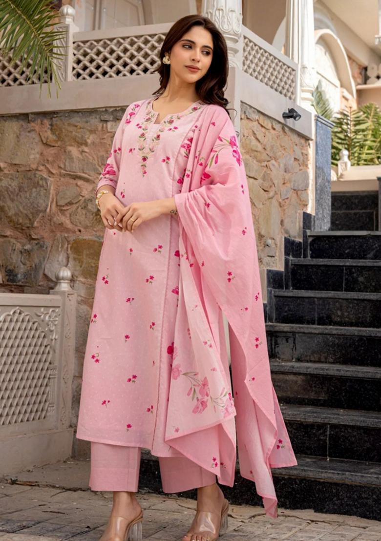 Pink Abstract Print Chanderi Kurta Set - Indya