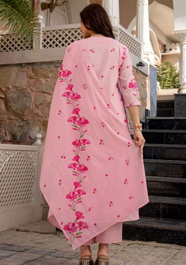 Pink Embroidered Chanderi Straight Kurta Set - Indya